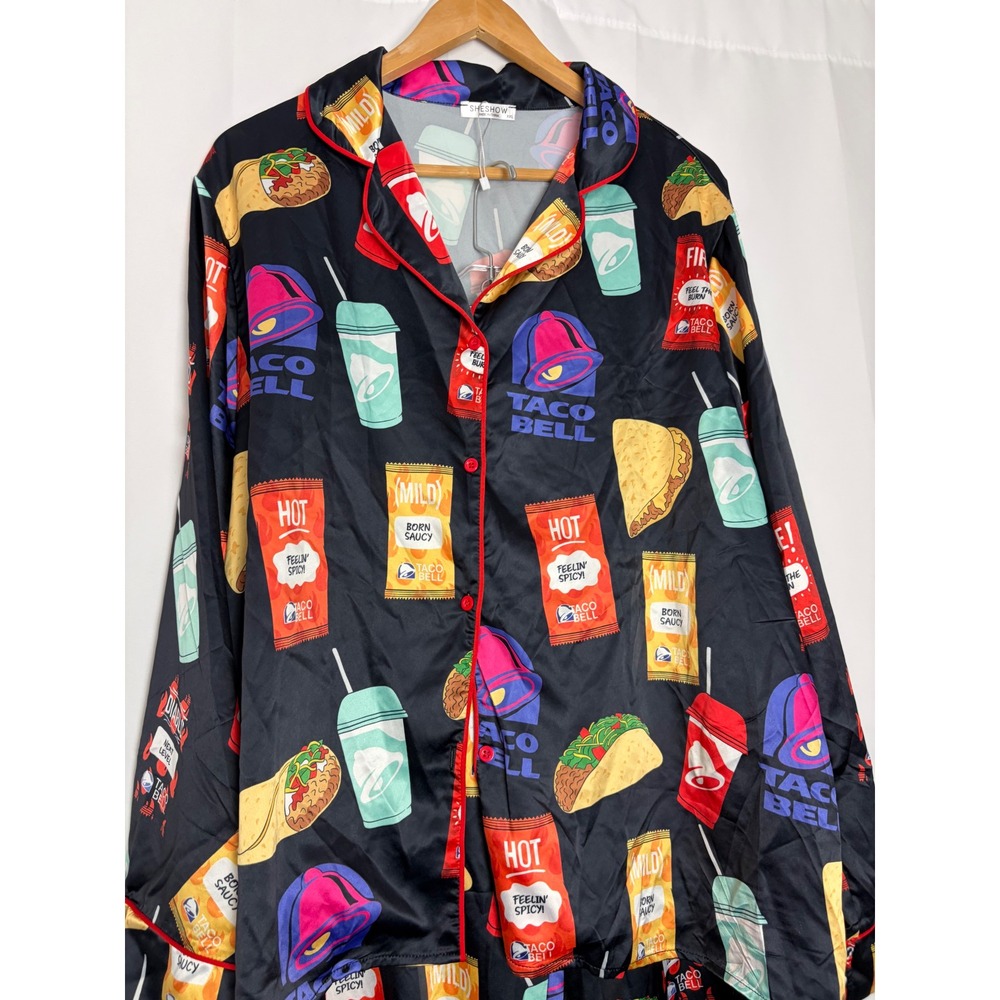 Sheshow Taco Bell Pajama Set XXL Black Satin Long Sleeve Shirt and Pants - Picture 2 of 7